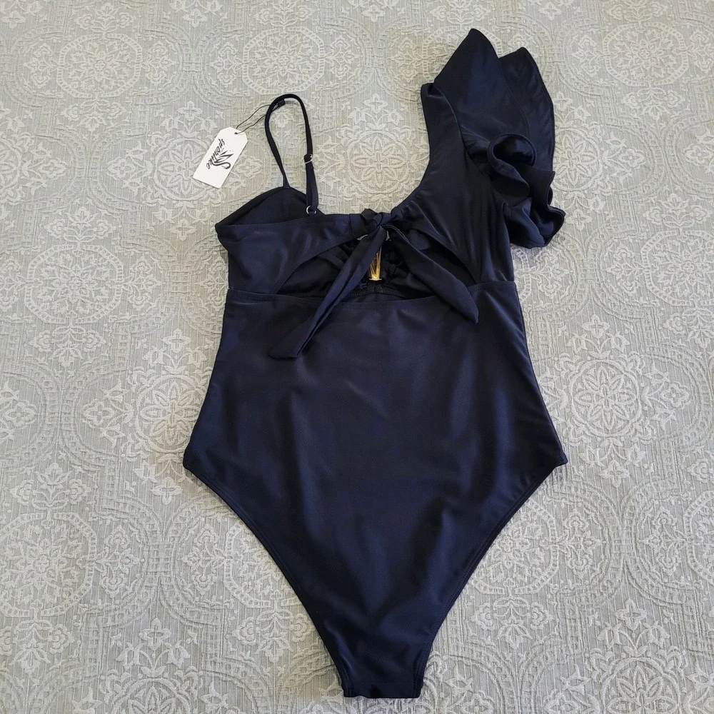 Sporlike Black One‎ Shoulder Ruffle One Piece Swimsuit Gold V Detail Size L